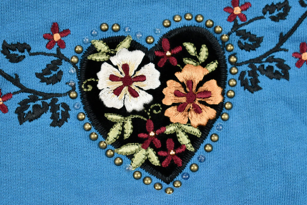 Vintage 1990s Floral Heart Embroidered Double Crewneck Sweatshirt