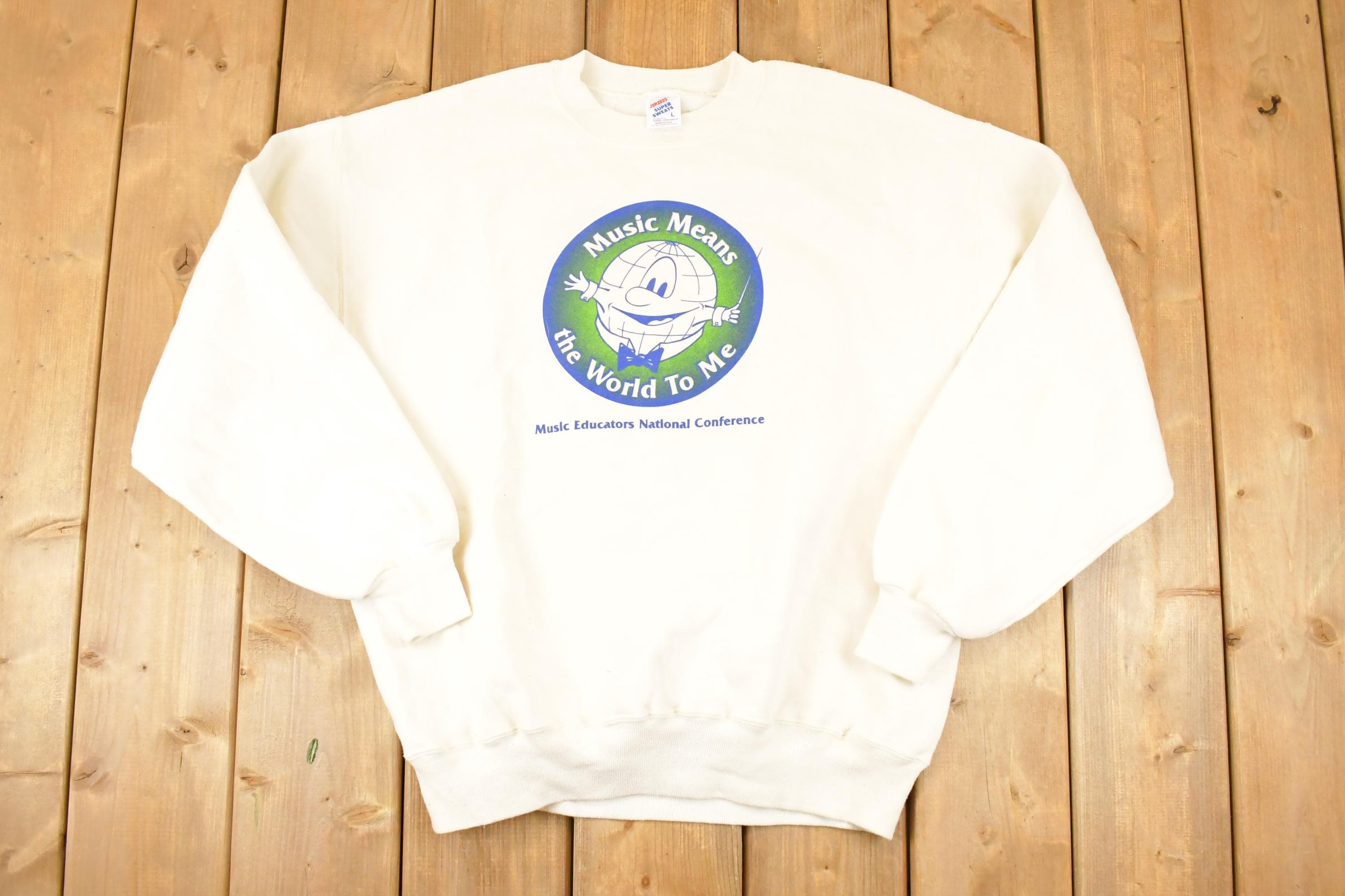 Vintage 1990s Music Means The World To Me Graphic Print Crewneck Sweatshirt Men's L