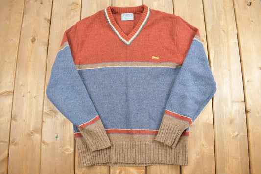 Vintage 1980s Le Tigre Knit V Neck Sweater / Vintage 80s Pullover / Striped / Sweatshirt / 80s Clothing