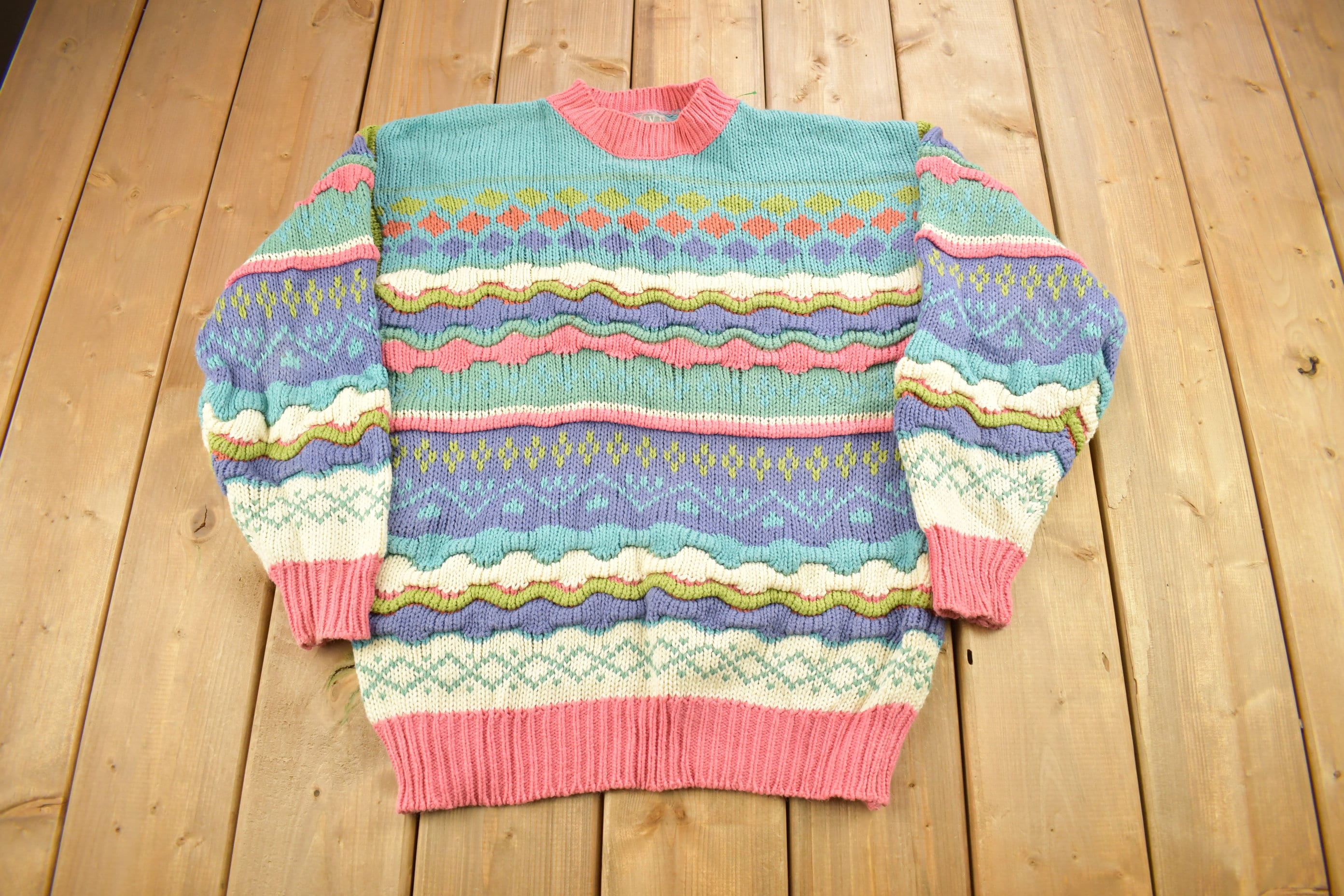 Vintage 1990s IVY Women's 3D Colored Cable Knit Crewneck Sweater  Vintage 90s Crewneck  Abstract Patterns  Pastel  Streetwear