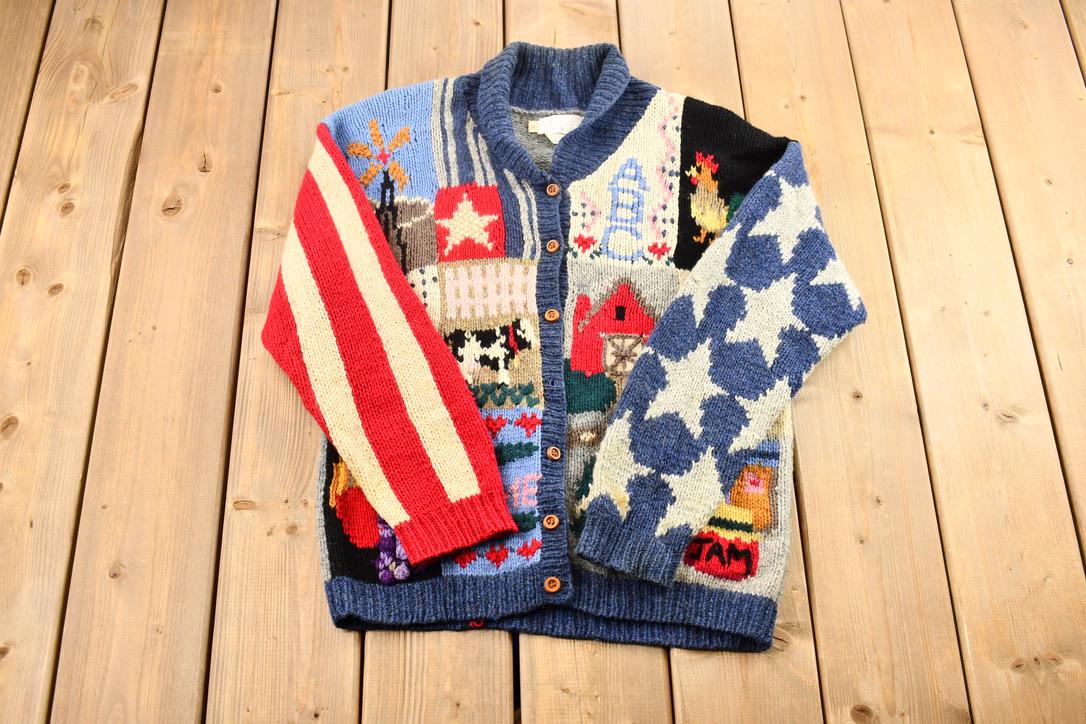 Vintage 1989 Eagles Eye 100% Wool Unique Textured American Flag and Granny Square Patchwork Knit Cardigan Sweater