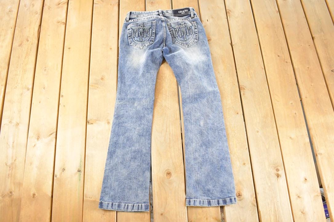 Vintage Deadstock Y2K Grace In LA Bedazzled Bootcut Low Rise Jeans Women's Size 26 x 29