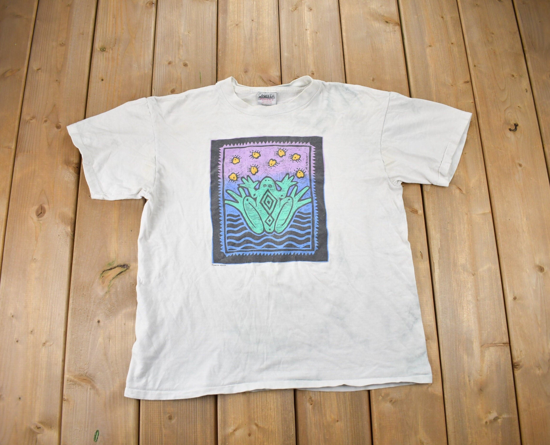 Vintage 1990s Oneita Frog Painting T-Shirt