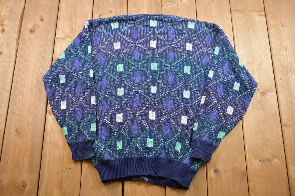Vintage 1990s Fiii Knitted Cardigan / Vintage 90s Cardigan / Pattern Sweater / Outdoor / Hand Knit / Pullover Sweatshirt / Abstract Print