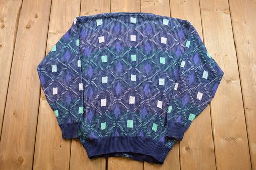 Vintage 1990s Fiii Knitted Cardigan / Vintage 90s Cardigan / Pattern Sweater / Outdoor / Hand Knit / Pullover Sweatshirt / Abstract Print