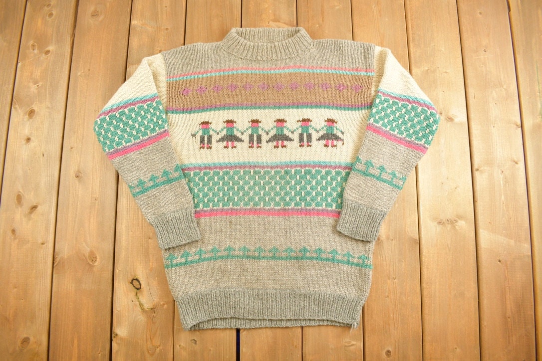 Vintage 1990s Knitted Crewneck Sweater / Vintage 90s Crewneck / All Over Pattern / Sweatshirt / Abstract Pattern / Mock Neck