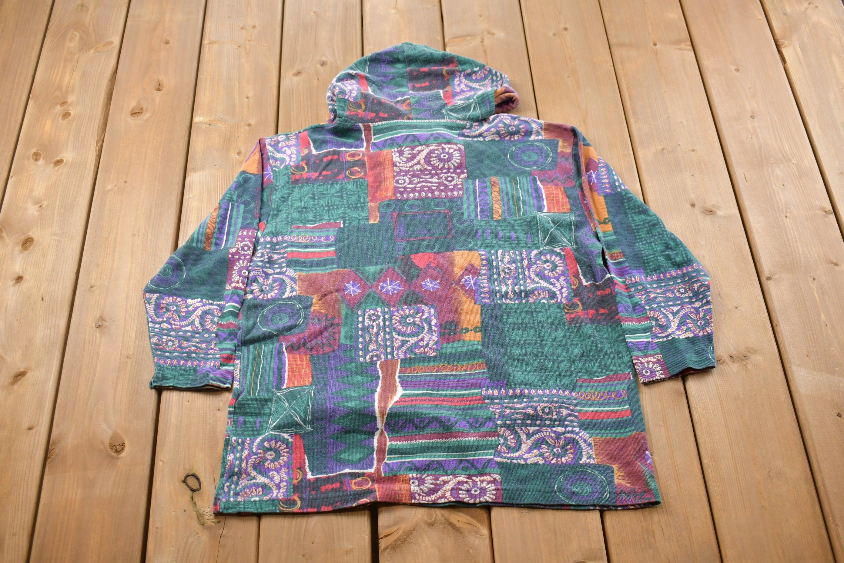 Vintage 1990s Basic Editions All Over Patchwork Patterned Hoodie