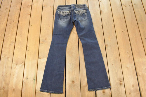 Vintage Deadstock Y2K Miss Me Bedazzled Low Rise Jeans Women's Size 26x31 / Boot Cut Jeans / 2000's Embroidered Contrast Stitched Denim
