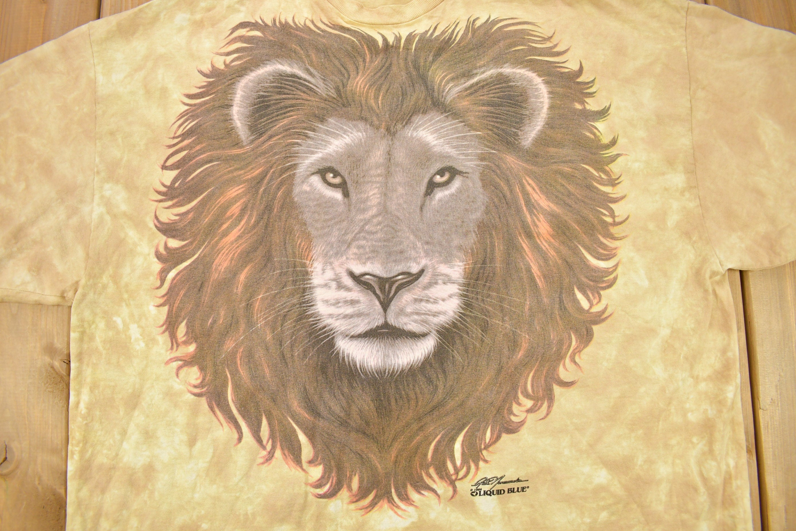 Vintage 1994 Lion Theme Tie Dye Graphic Liquid Blue T-Shirt