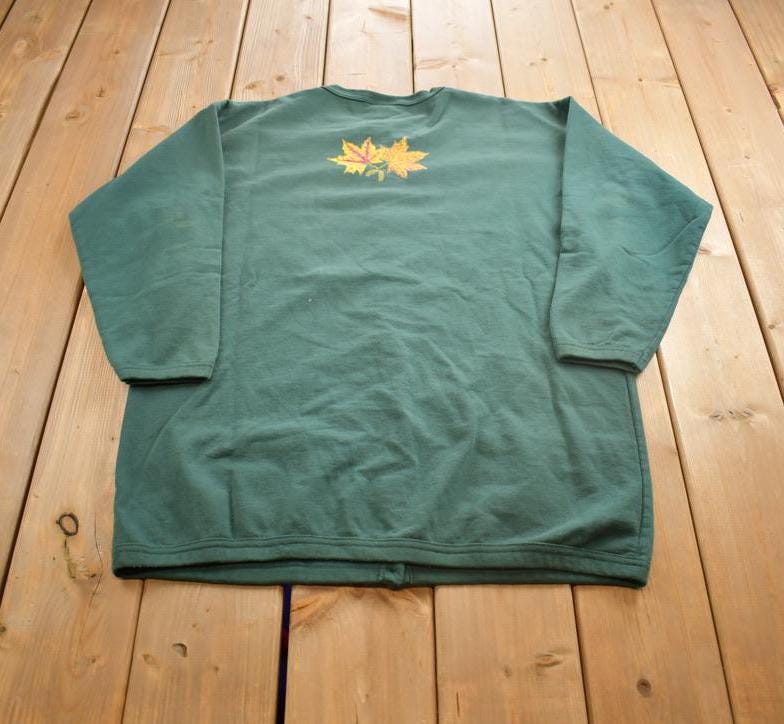 Vintage 1990s Canada North Fall Leaves Blank Button Up Sweater Made In Canada