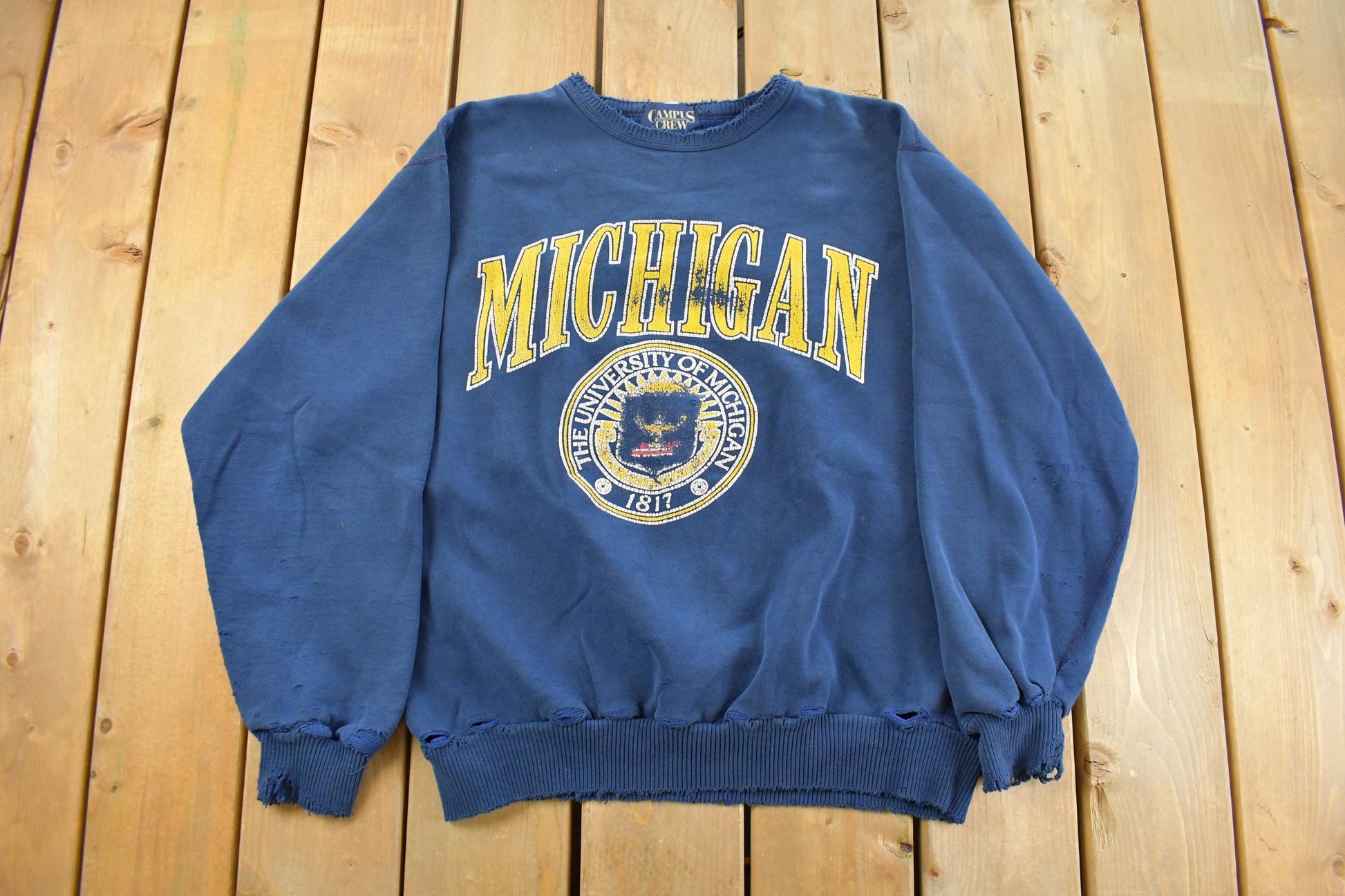 Vintage 1990s Distressed University Of Michigan Wolverines Collegiate Crewneck Sweatshirt Men's Large / 90s Collegiate