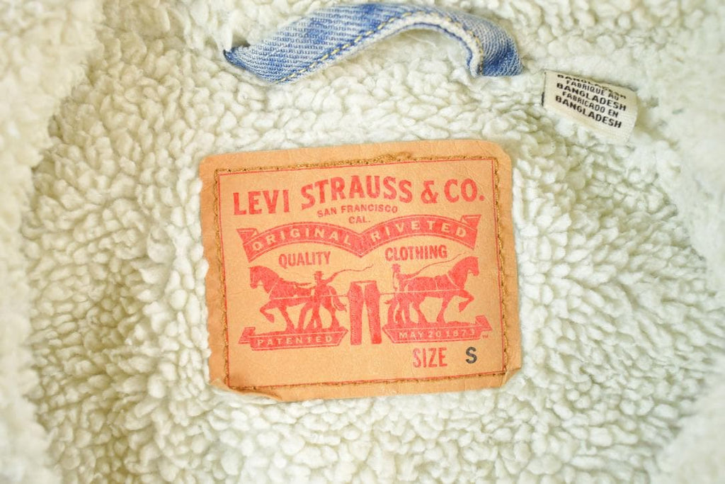 Vintage 1990s Levi's Sherpa Faded Denim Trucker Jean Jacket Red Tab USA Made Jacket