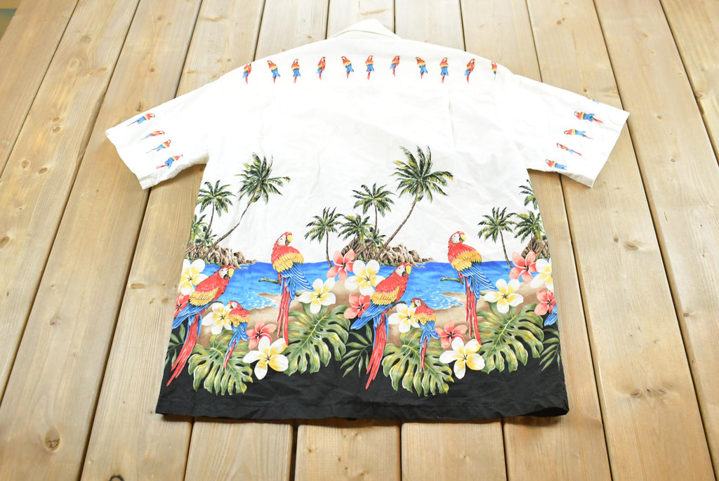 Vintage 1990s Pacific Legend Palm Trees Parrots Hawaiian Button Up Shirt Men's L / Funky Crazy Pattern / Island Style / Made in USA
