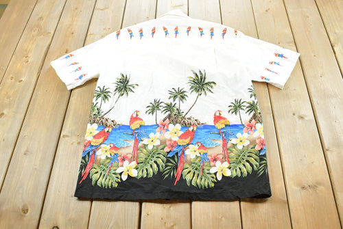 Vintage 1990s Pacific Legend Palm Trees Parrots Hawaiian Button Up Shirt Men's L / Funky Crazy Pattern / Island Style / Made in USA