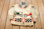 Vintage 1960s Car Graphic Cable Knit Curling Sweater