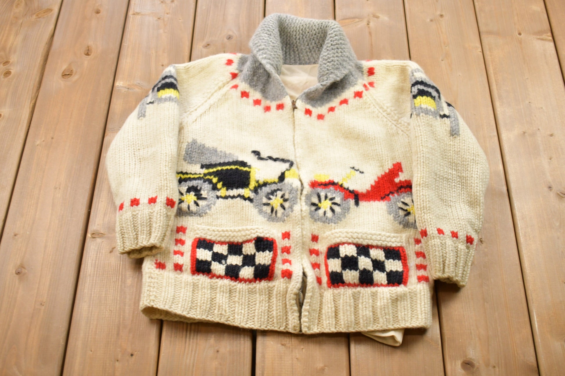 Vintage 1960s Car Graphic Cable Knit Curling Sweater