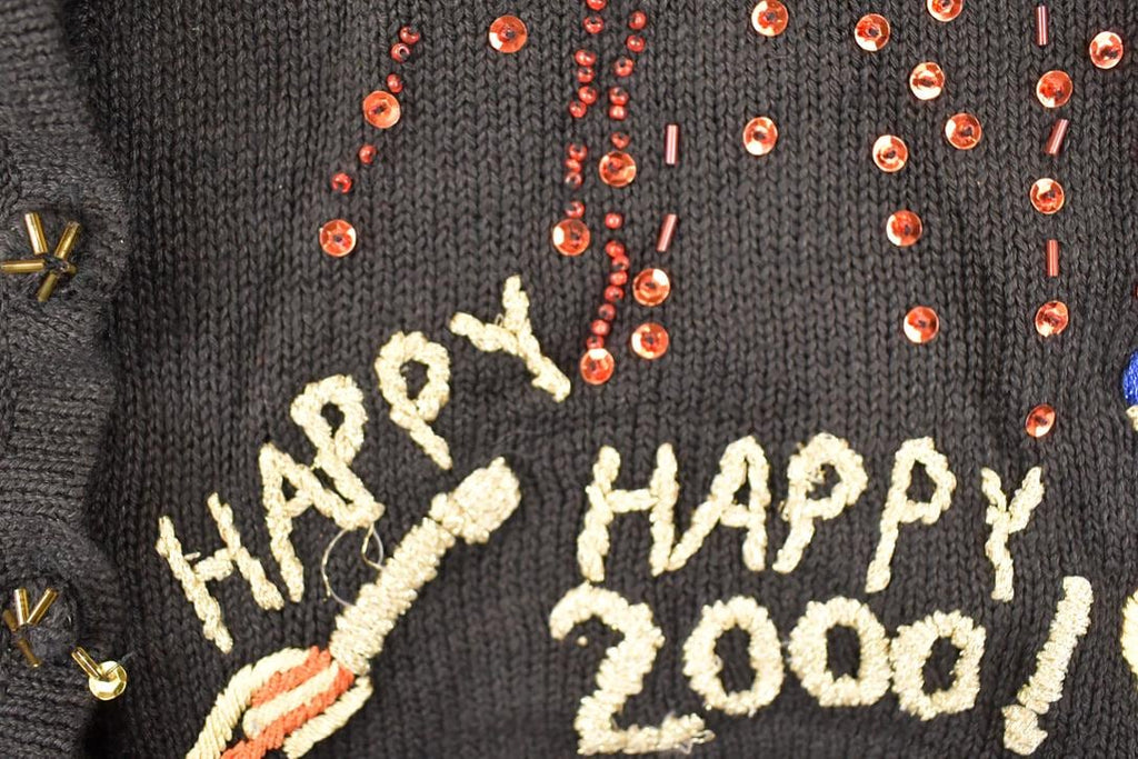 Vintage Y2K New Year Heavy Embroidered Abstract Knit Cardigan Sweater Women's L