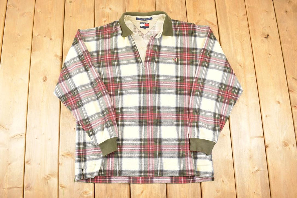 Vintage 1990s Tommy Hilfiger Plaid Quarter Button Shirt Men's L  Preppy Button Up  90's Dress Shirt