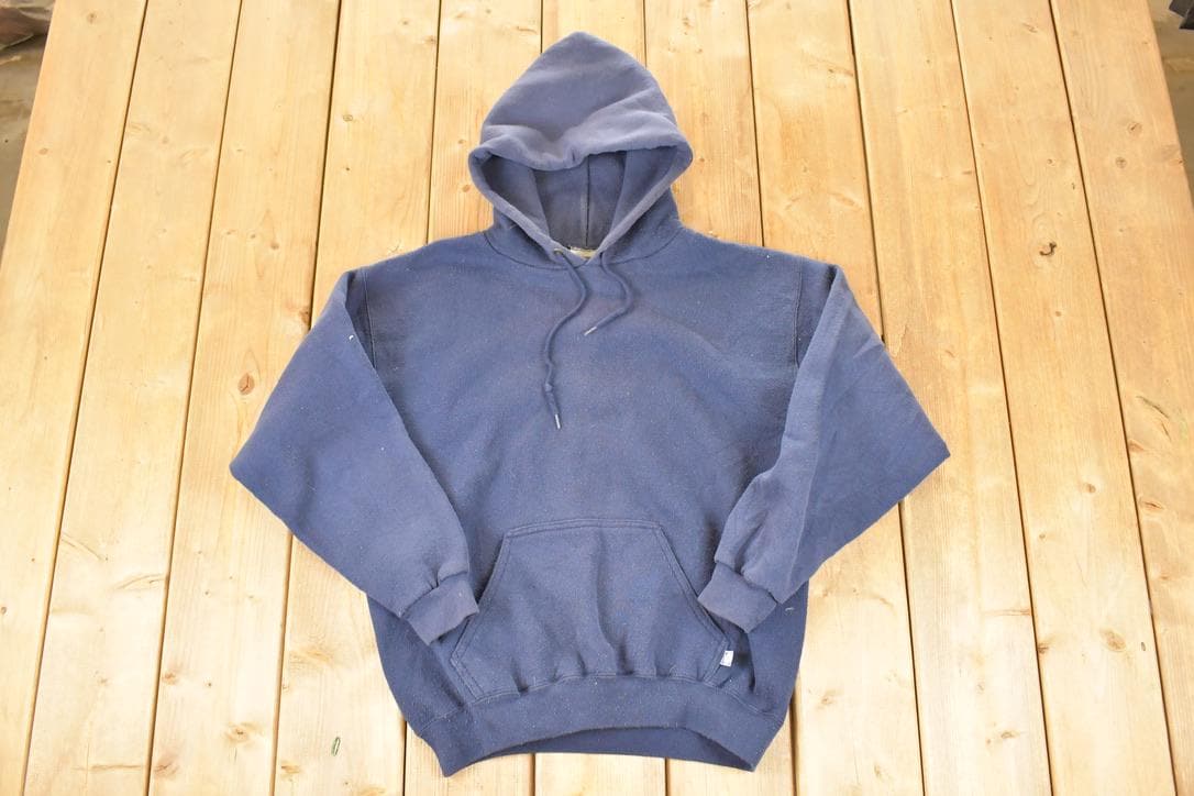 Vintage 1990s Discus Athletic Blank Navy Hoodie Sweatshirt Men's M / Made In USA / 90s Blanks