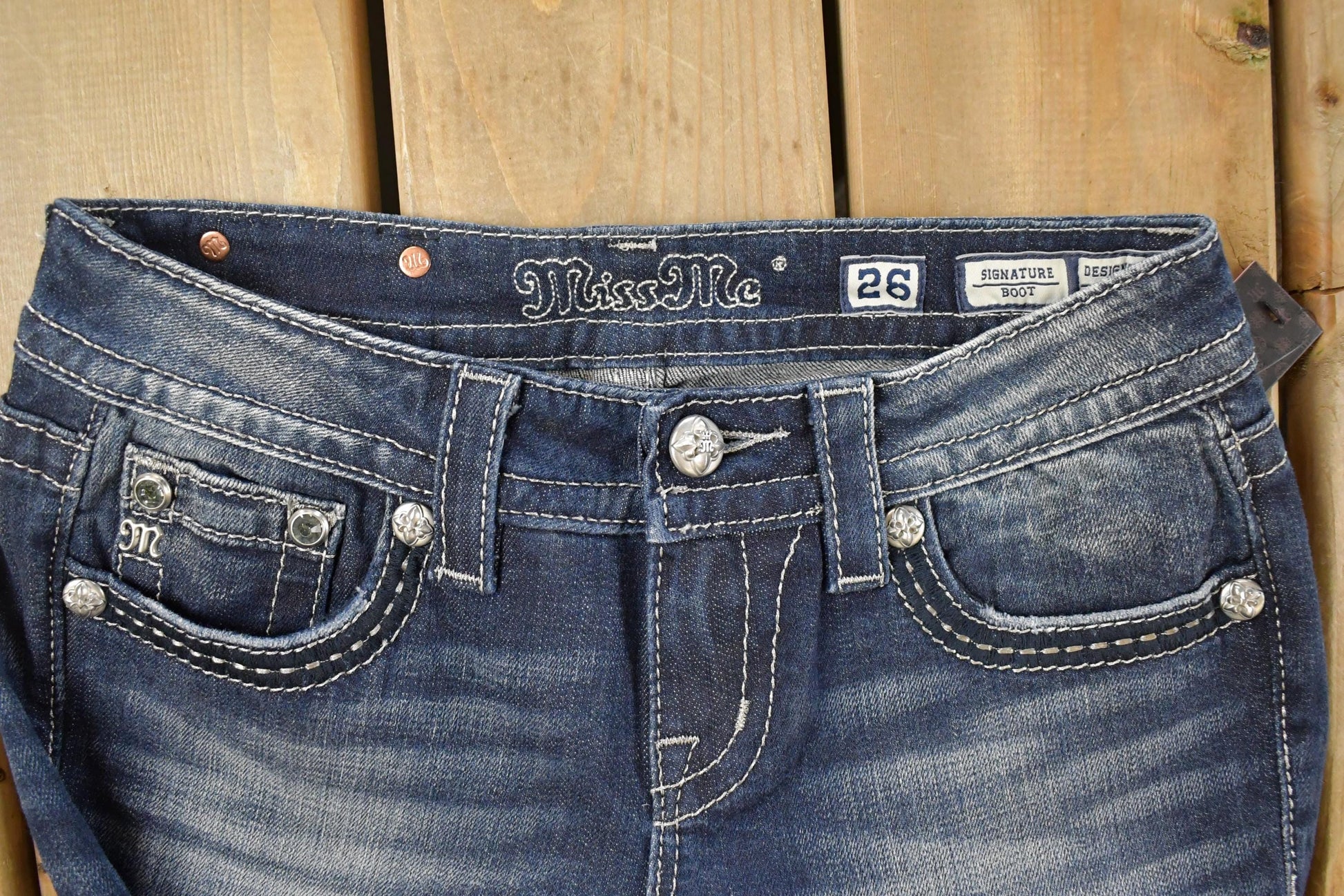 Vintage Deadstock Y2K Miss Me Bedazzled Low Rise Jeans Women's Size 26x31 / Boot Cut Jeans / 2000's Embroidered Contrast Stitched Denim