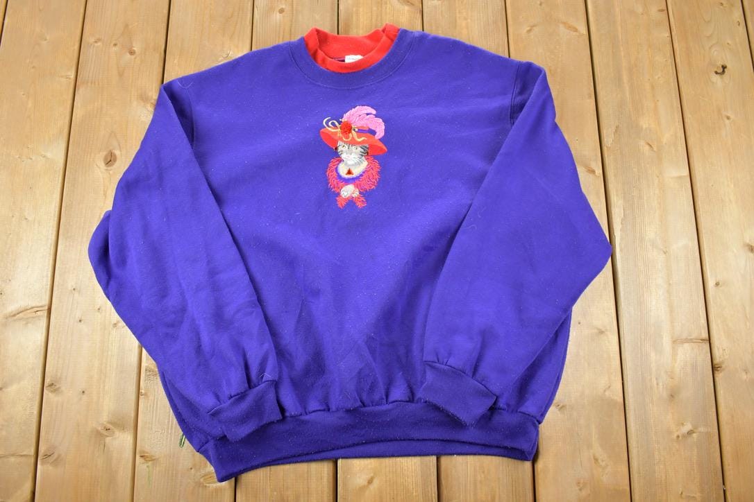 Vintage 1990s Bonworth Fancy Cat Cute Double Collar Crew Neck Sweater