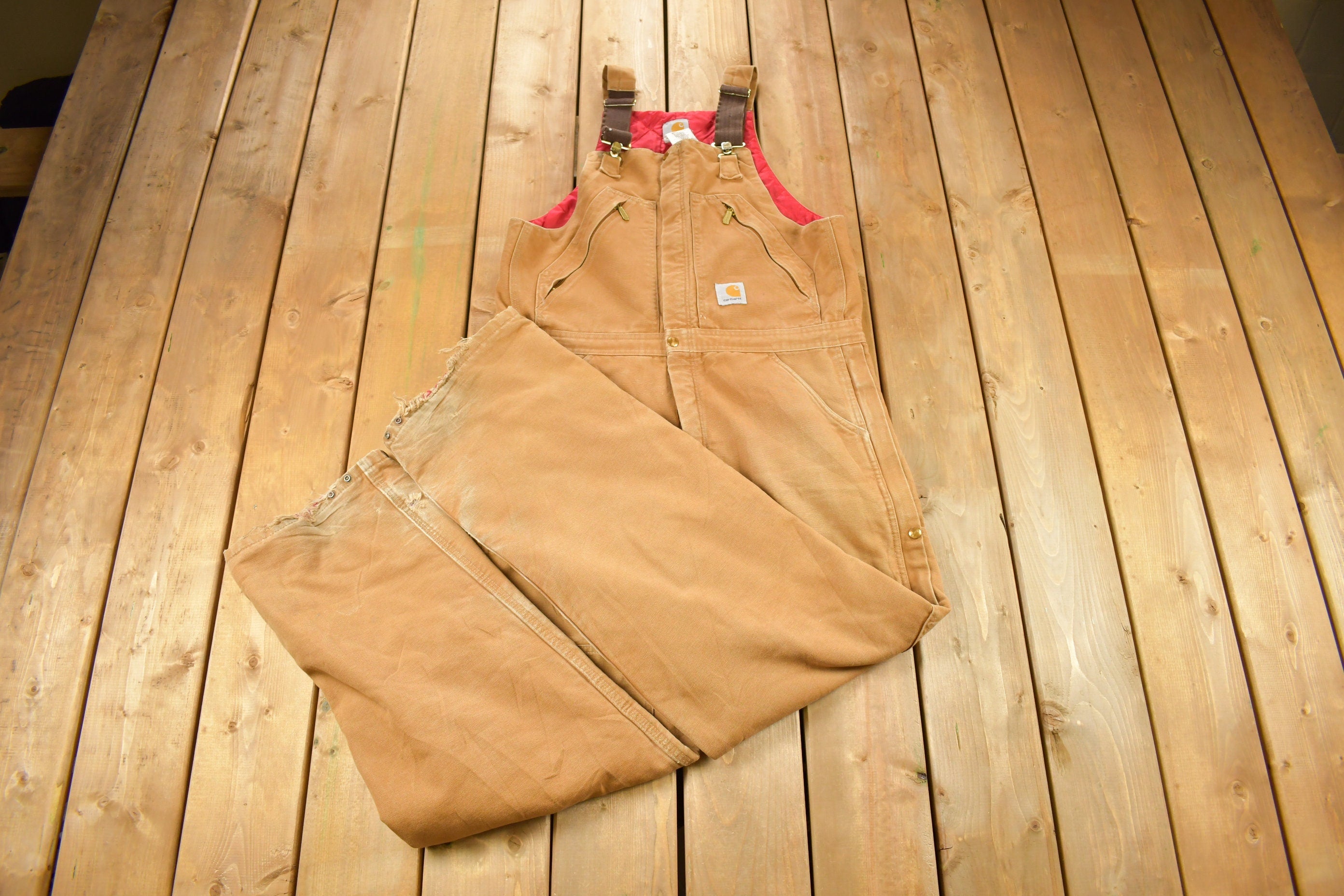 Vintage 1990s Carhartt Double Knee Distressed Canvas Zip Overalls Size 40 x 26