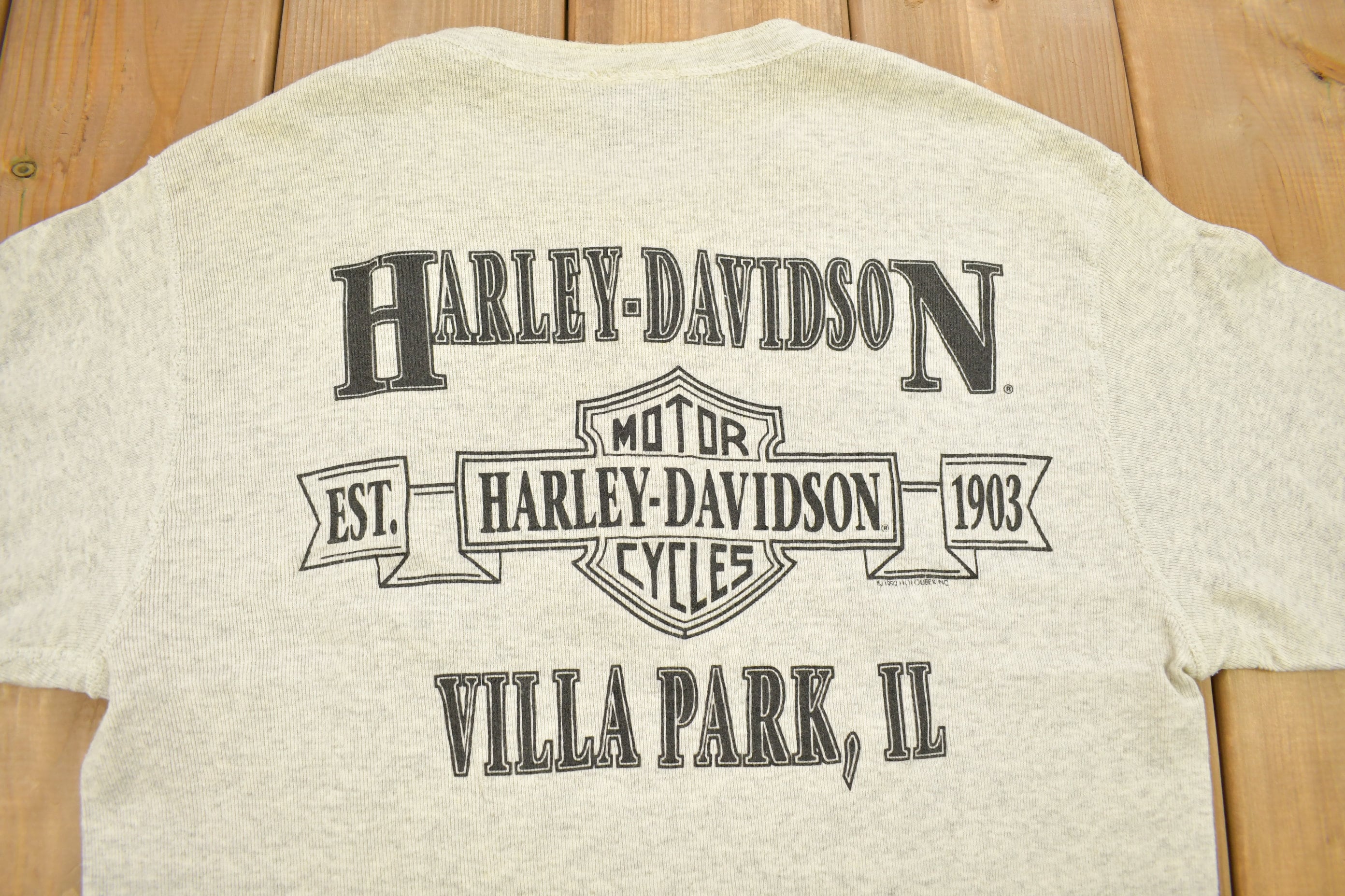 Vintage 1993 Harley Davidson Villa Park Illinois Long Sleeve Henley Button T-Shirt