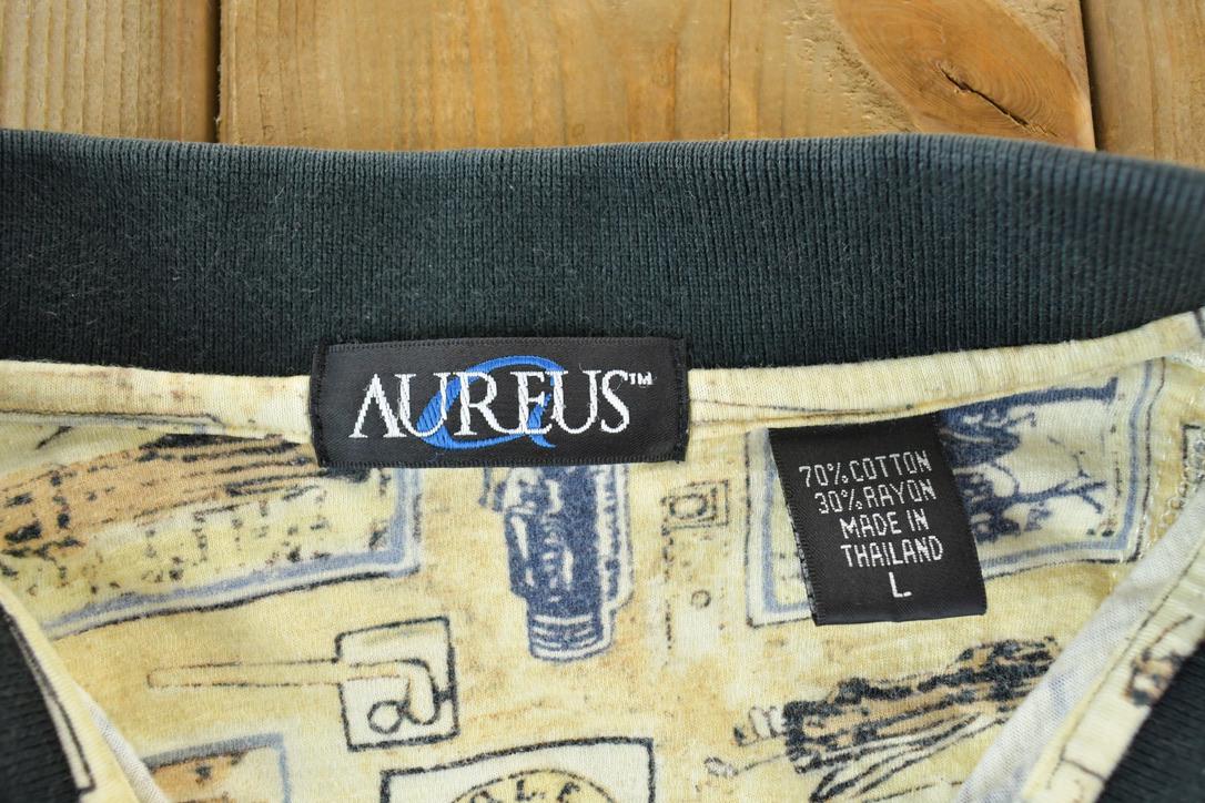 Vintage 1990s Aureus Golfing AOP Button Up Polo Shirt / Vintage Flannel / Plaid Button Up / Cowboy Shirt / Preppy Button Up