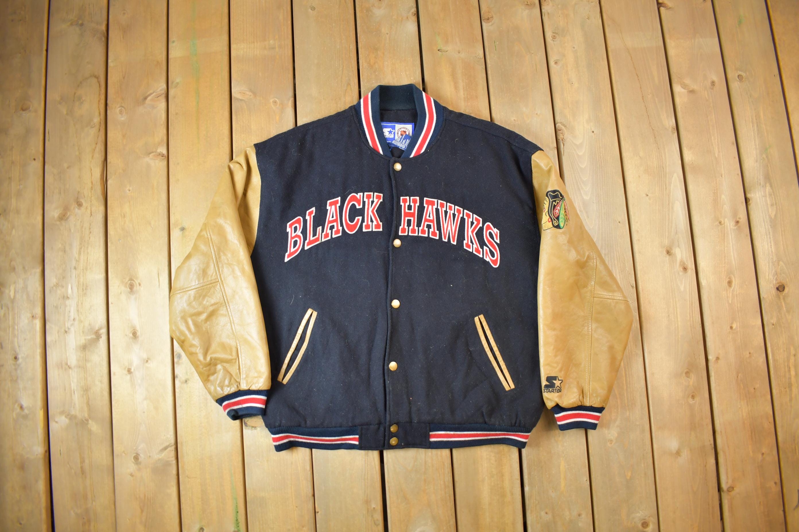 Vintage 1990s Starter NHL Chicago Black Hawks Hockey Wool Varsity Jacket