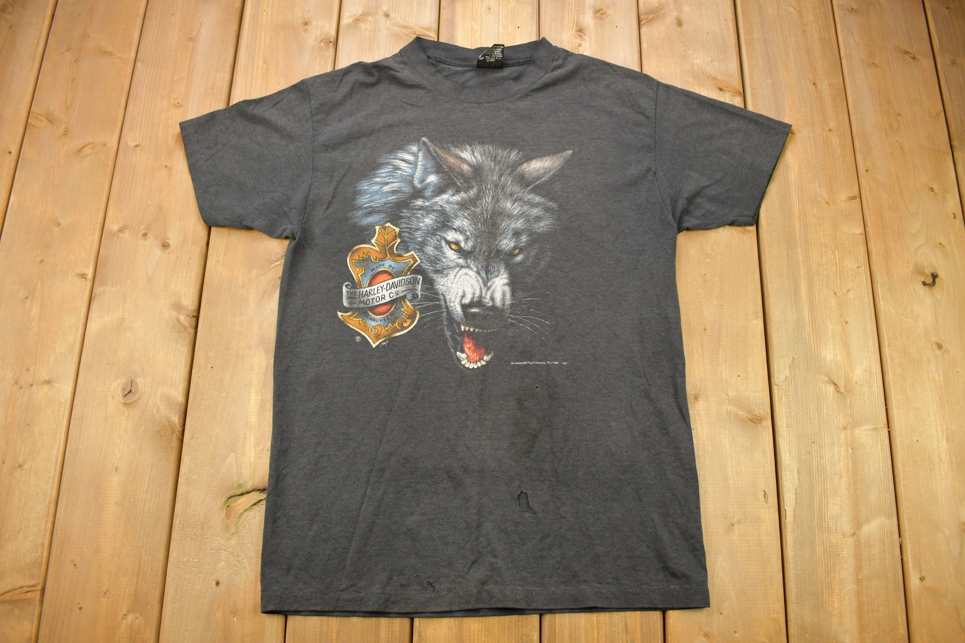 Vintage 1992 Harley Davidson Wolf Graphic 3D Emblem T-Shirt