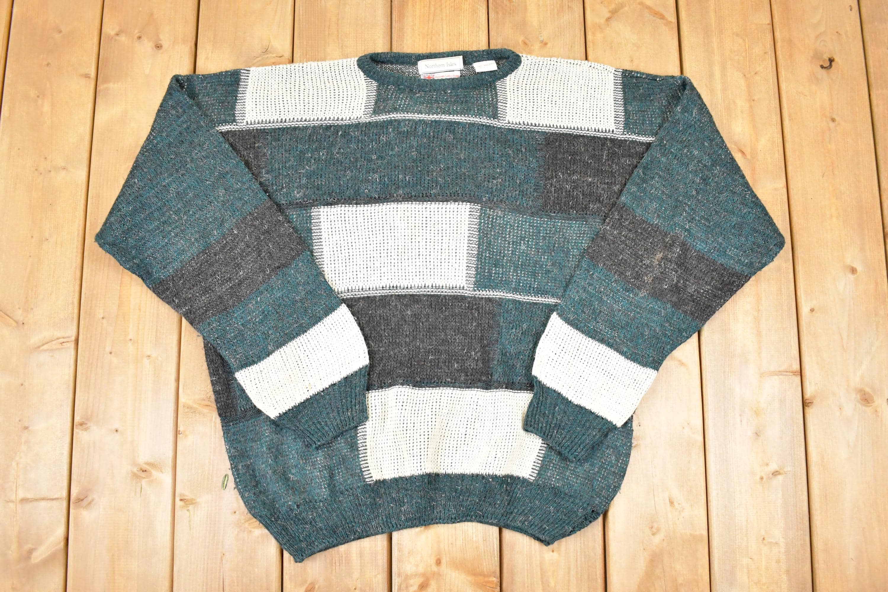 Vintage 1990s Northern Isles Abstract Knit Crewneck Sweater Men's XXL / Made in UK / 90s Knitted Sweatshirt / Vintage Preppy Knits