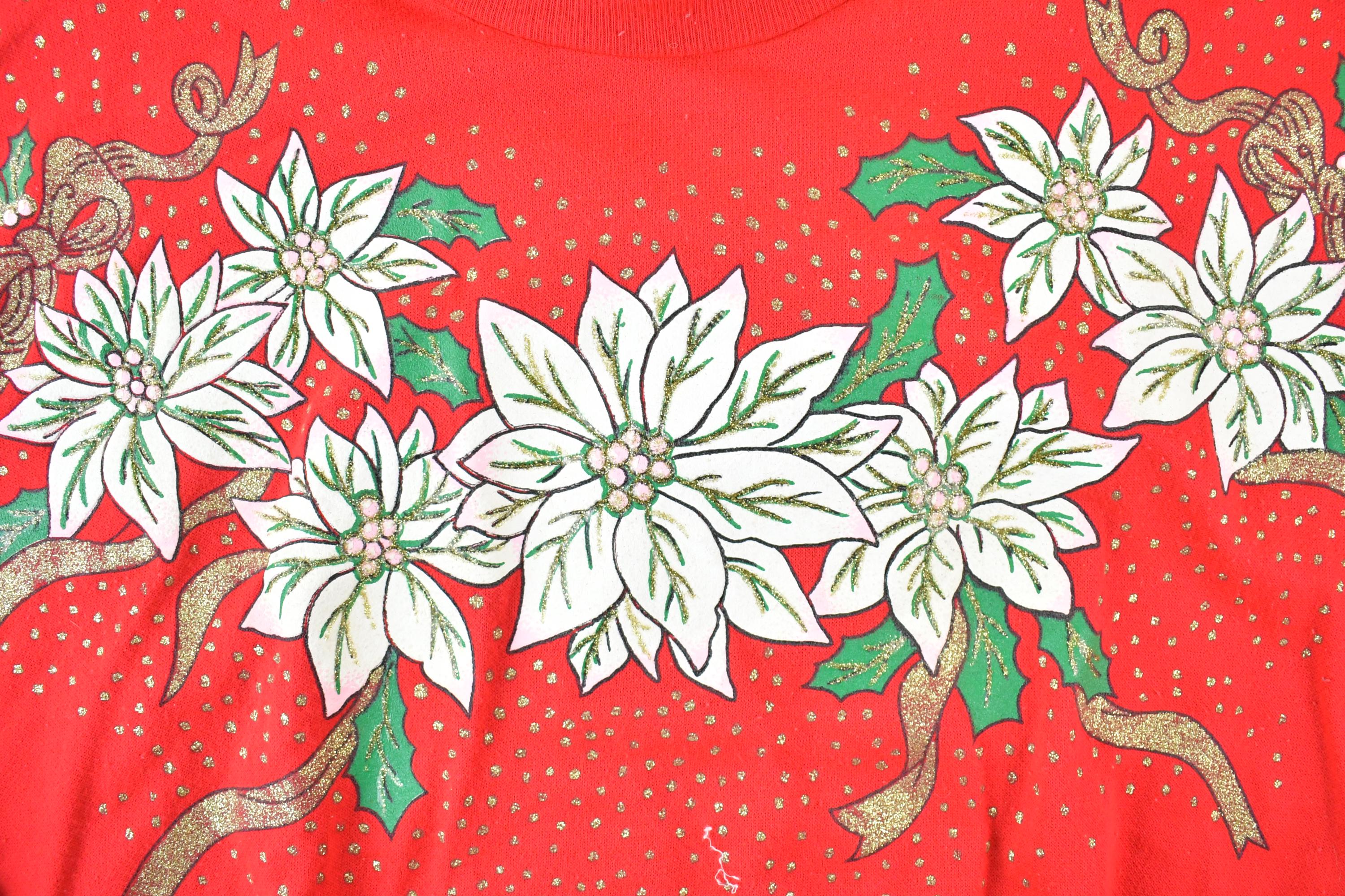 Vintage 1990s Poinsettia AOP Cute Crewneck Christmas Sweater