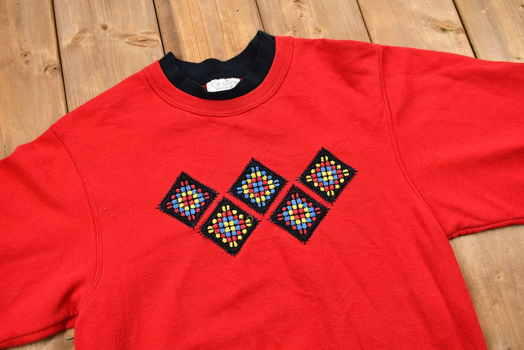 Vintage 1990s Granny Square Embroidered Crewneck Sweatshirt
