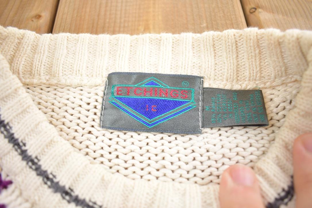 Vintage 1980s Abstract Pattern Etchings Knit Crewneck Sweater