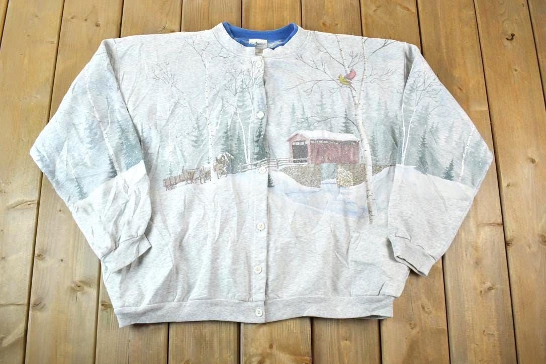 Vintage 1990s Artisans AOP Winter Theme Button Up Double Collar Souvenir Crewneck Sweatshirt
