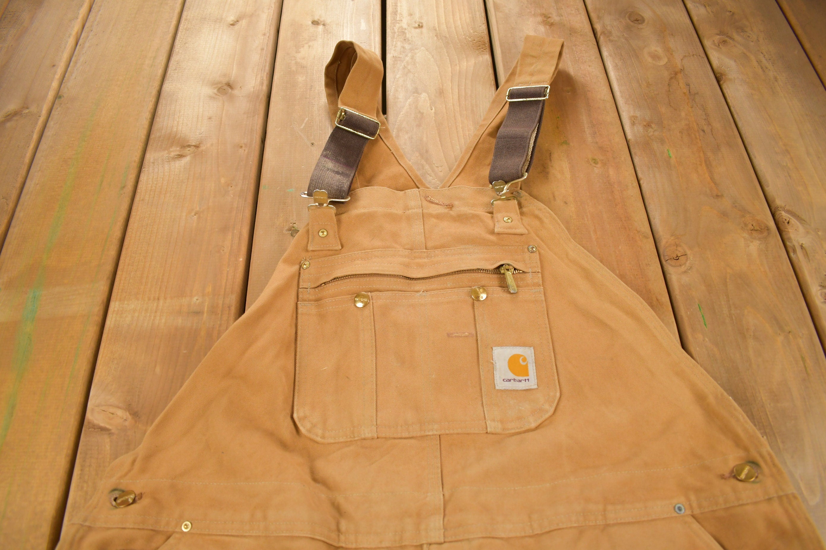 Vintage 1990s Carhartt Beige Double Knee Canvas Quilted Overalls Size 46 x 30