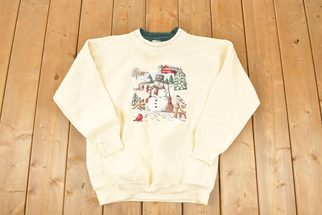 Vintage 1990s Cute Snowman Christmas Double Collar Crewneck Sweatshirt Women's L