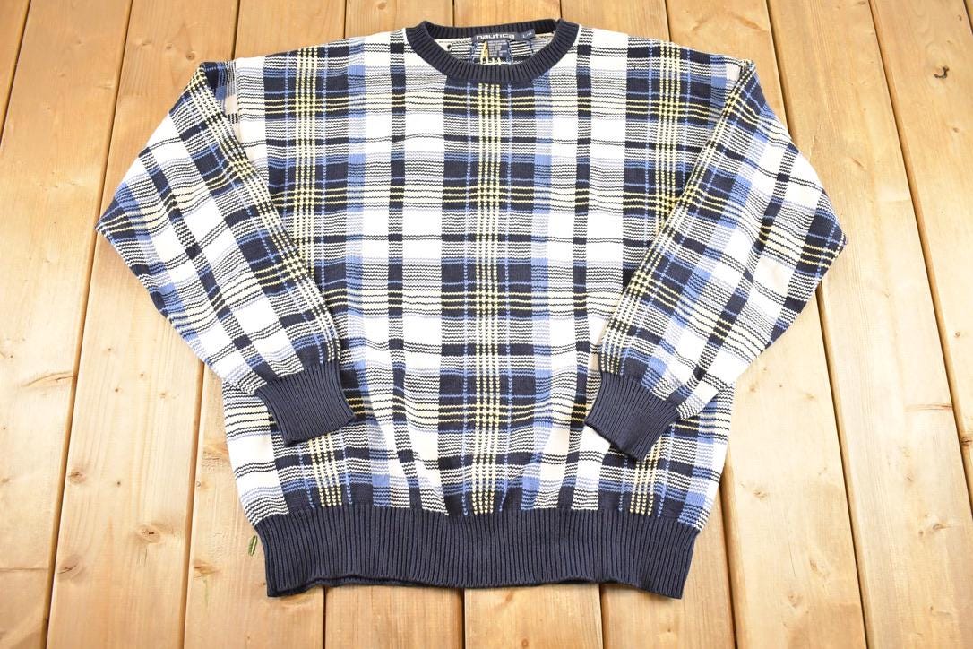 Vintage 1990s Nautica Plaid Knit Crewneck Sweater Mens L / 90's Abstract Pattern 3D Knitted Sweatshirt