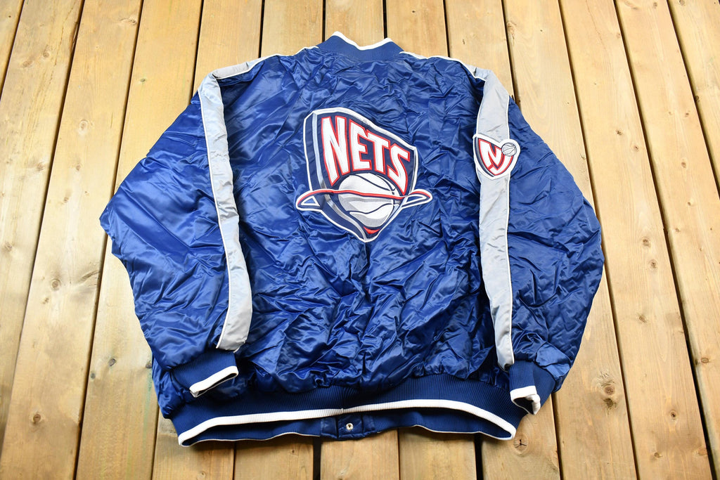Vintage 1990s Bigman Sports New Jersey Nets NBA Basketball Embroidered Snap Button Satin Bomber Jacket