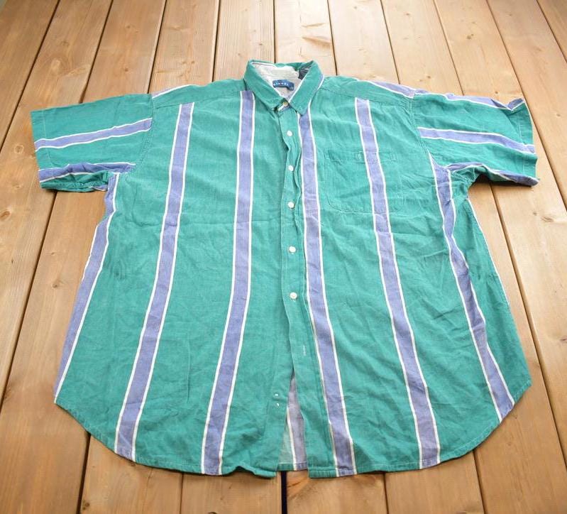 Vintage 1990s Blueprint Striped Button Up Short Sleeve Shirt