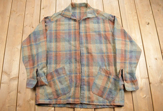 Vintage 1940s Plaid Wool Hunting Jacket / True Vintage / Earth Tone Plaid Jacket/ 1950s Jacket / Zip Up
