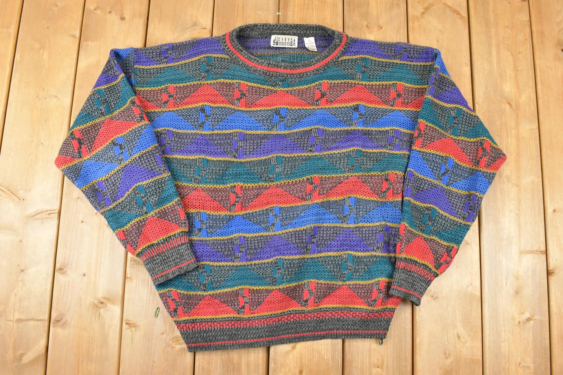 Vintage 1990s City Streets Abstract Knit Crewneck Sweater Mens L