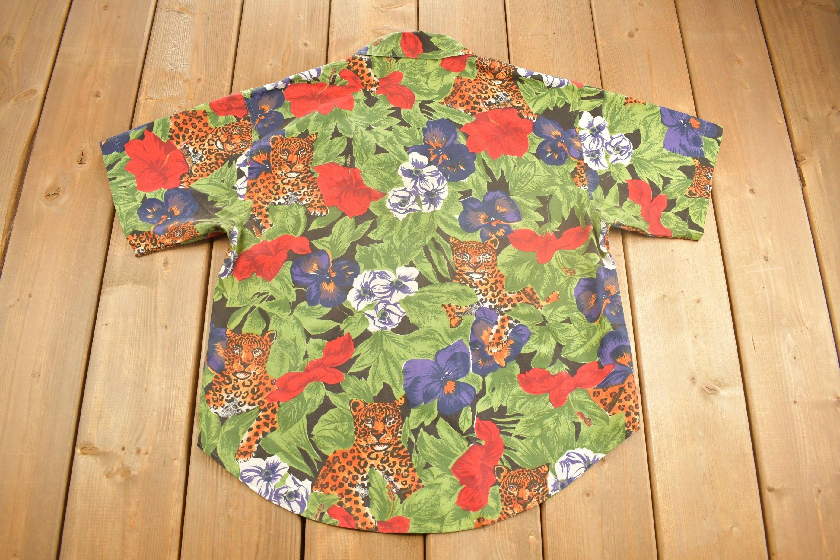 Vintage 1990s Souvenir Floral Print Leopard Button Up
