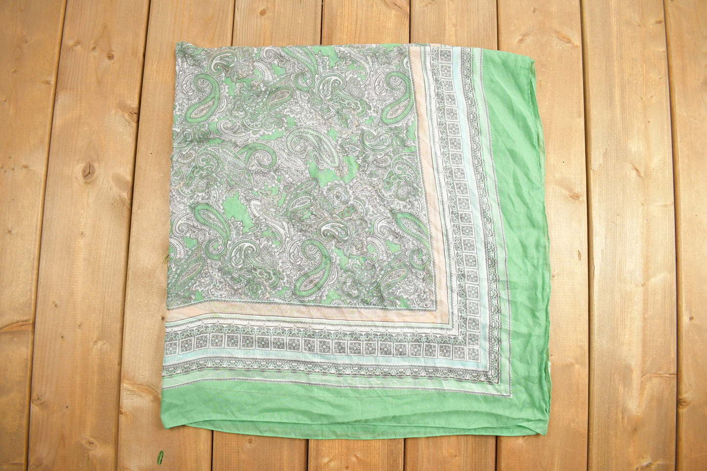 Vintage 1980s Faded Green Paisley Scarf Patterned Border / Vintage Accessory / Vintage Scarves / Square Scarf / All Over Pattern