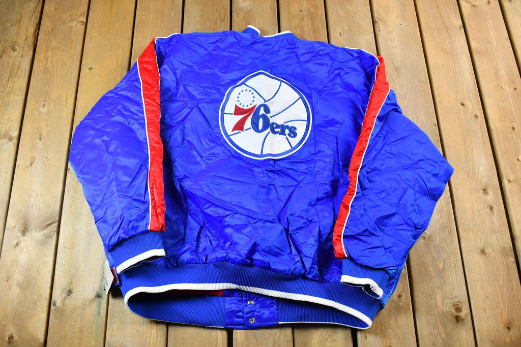Vintage 1990s Hardwood Classics Philadelphia 76ers NBA Basketball Embroidered Snap Button Satin Bomber Jacket