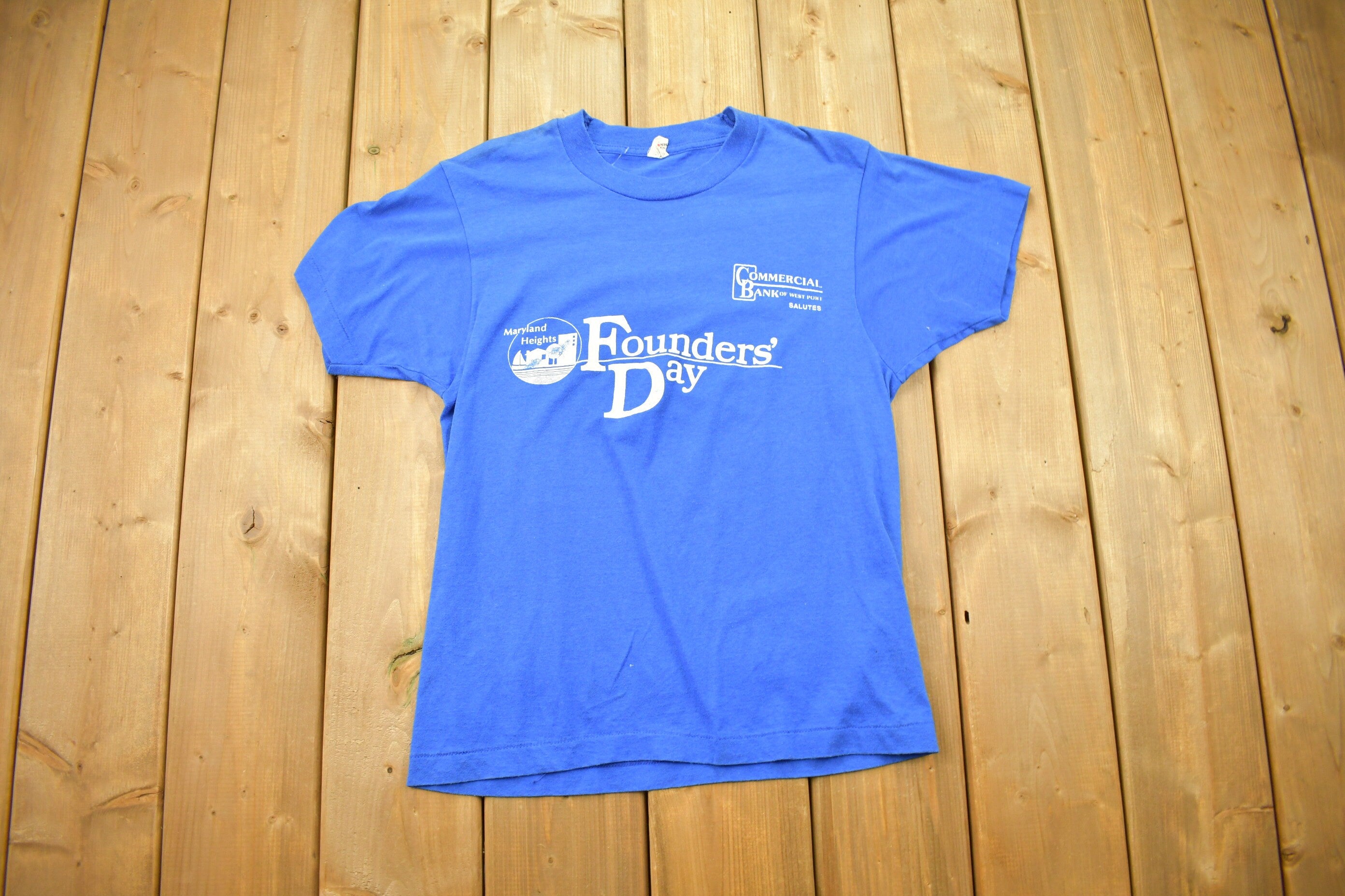 Vintage 1980s Maryland Heights Founder's Day Graphic T Shirt  Single Stitch  Blue  80s  90s  Streetwear Fashion  Made In USA