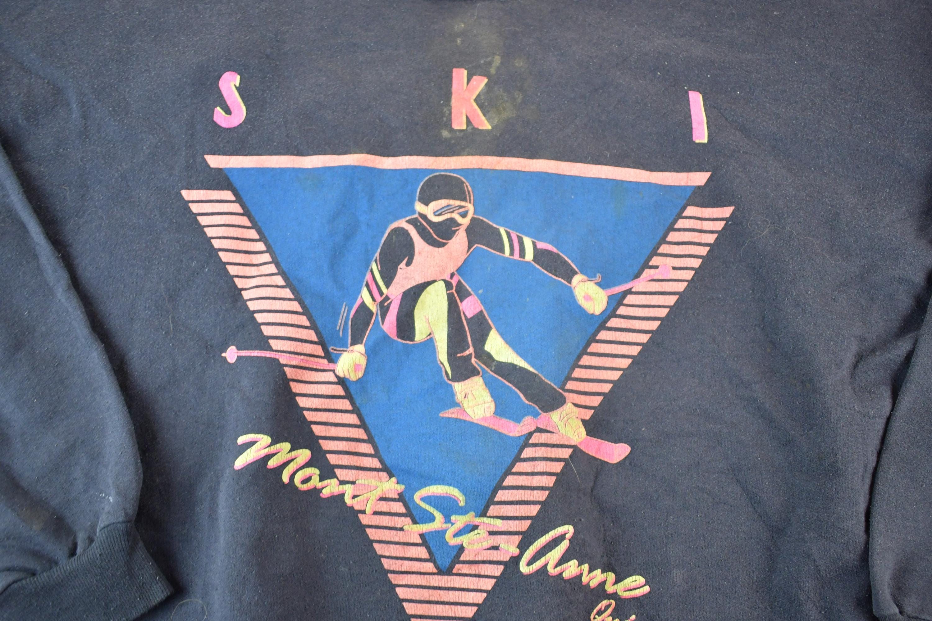 Vintage 1980s Mount St Anne Neon Ski Mountain Souvenir Crewneck Sweatshirt Made In USA