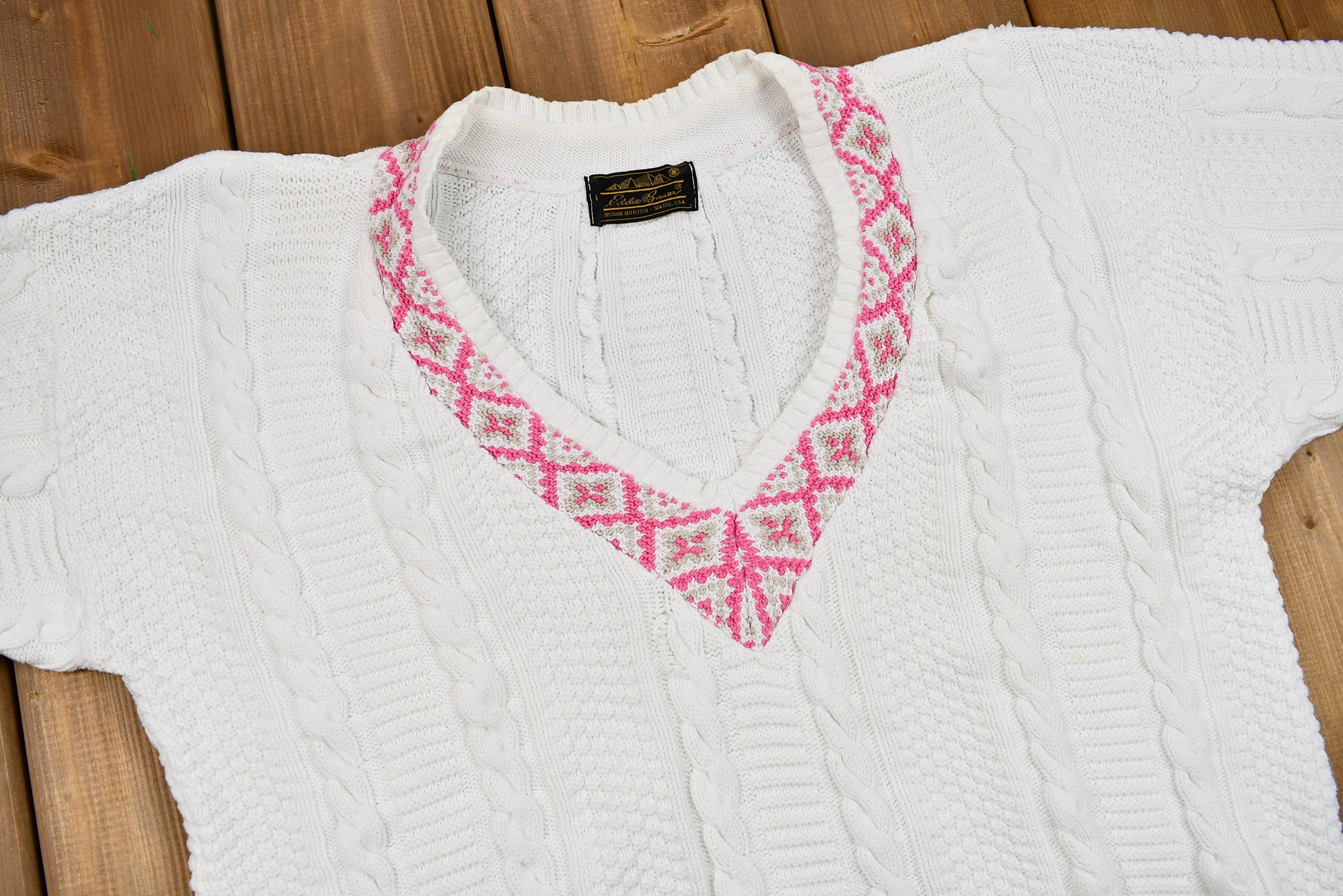 Vintage 1990s Eddie Bauer V-Neck Cable Knit Sweater