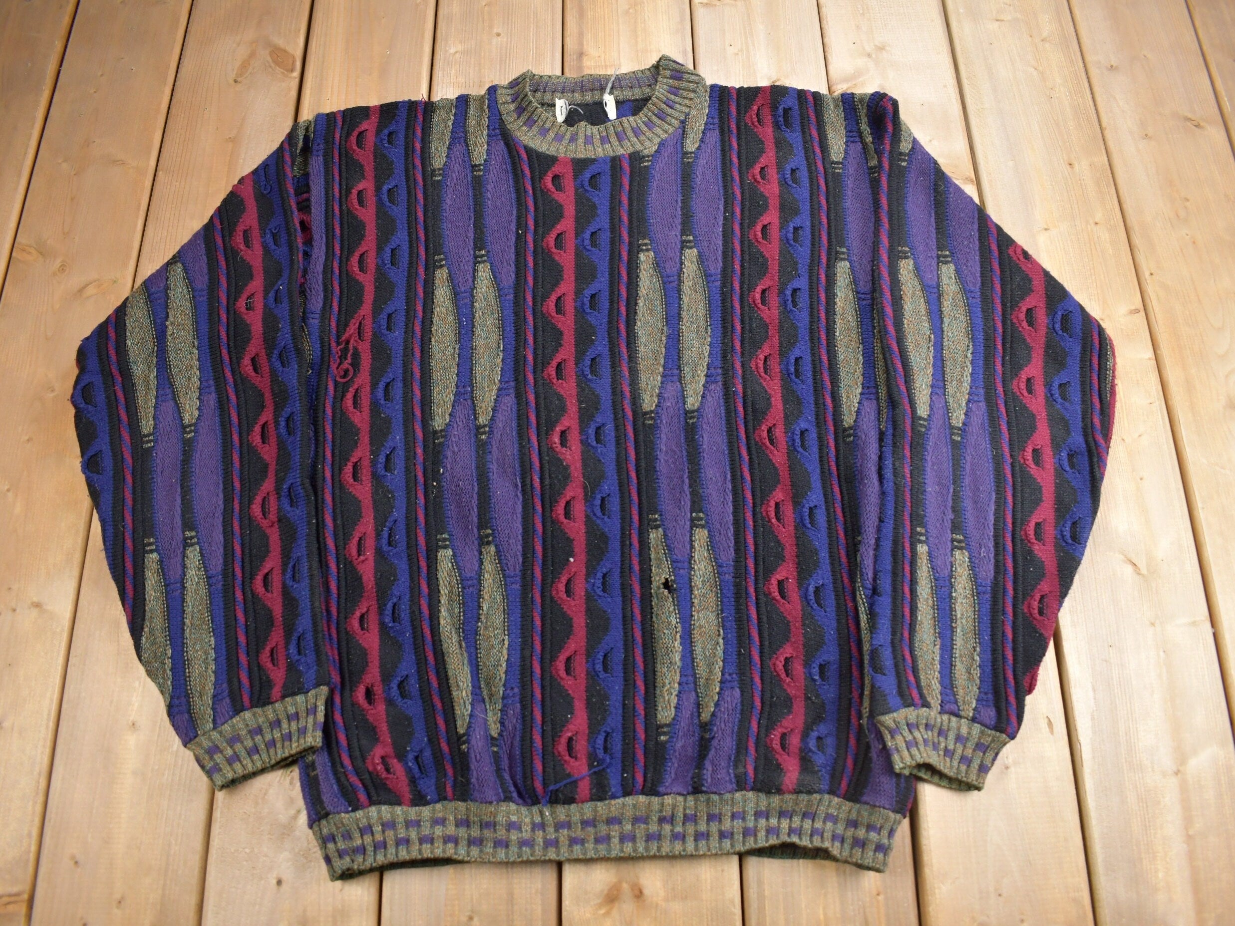 Vintage 1990s 3D Colored Cable Knit Crewneck Sweater