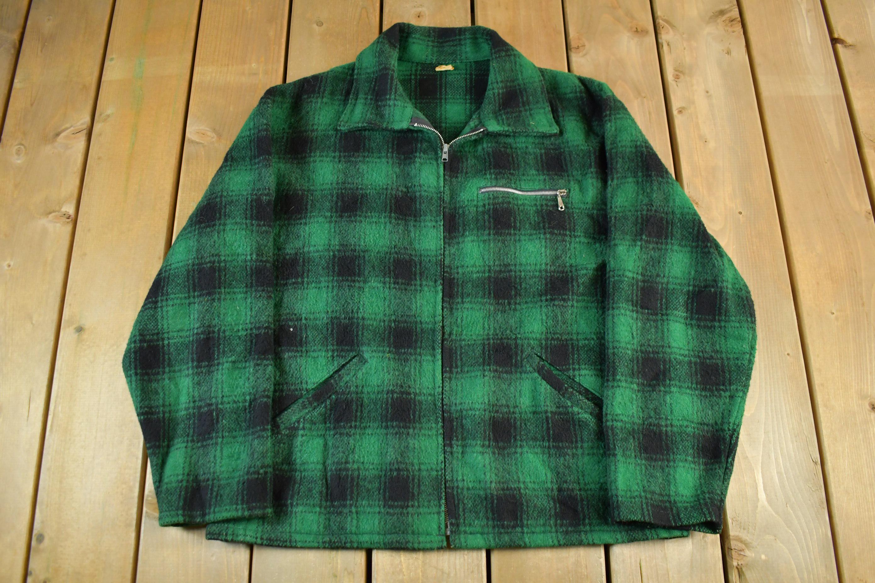 Vintage 1960s 1970s Wool Flannel Zip Up Shirt Jacket Men's XL